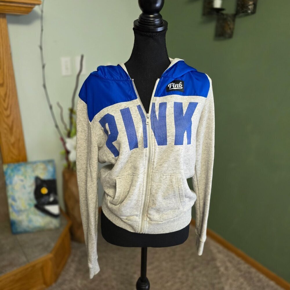 Victorias Secret Pink Full Zip Hoodie Gray with Blue Hood M